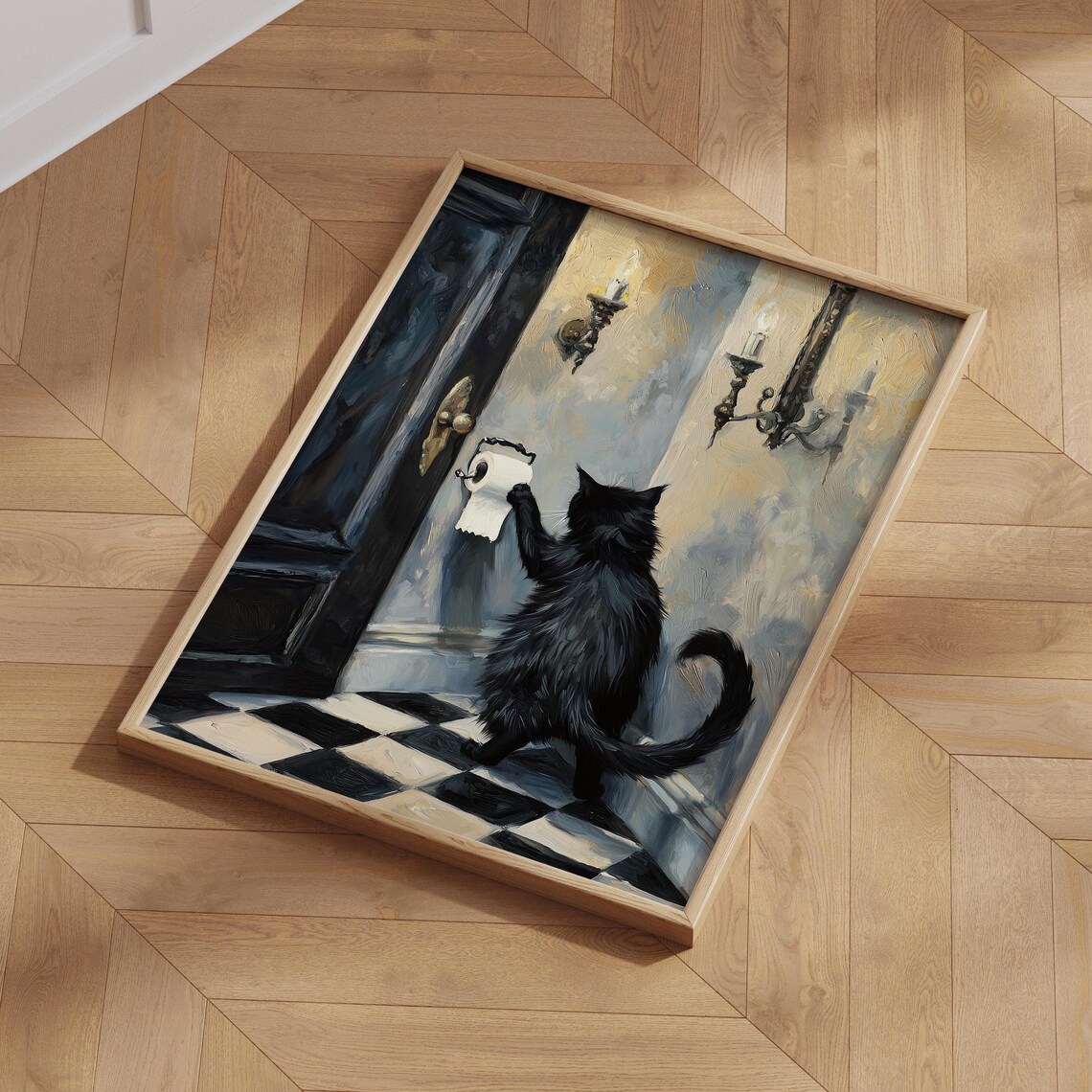 Funny Bathroom Cat Art, Whimsical Checkered Pattern