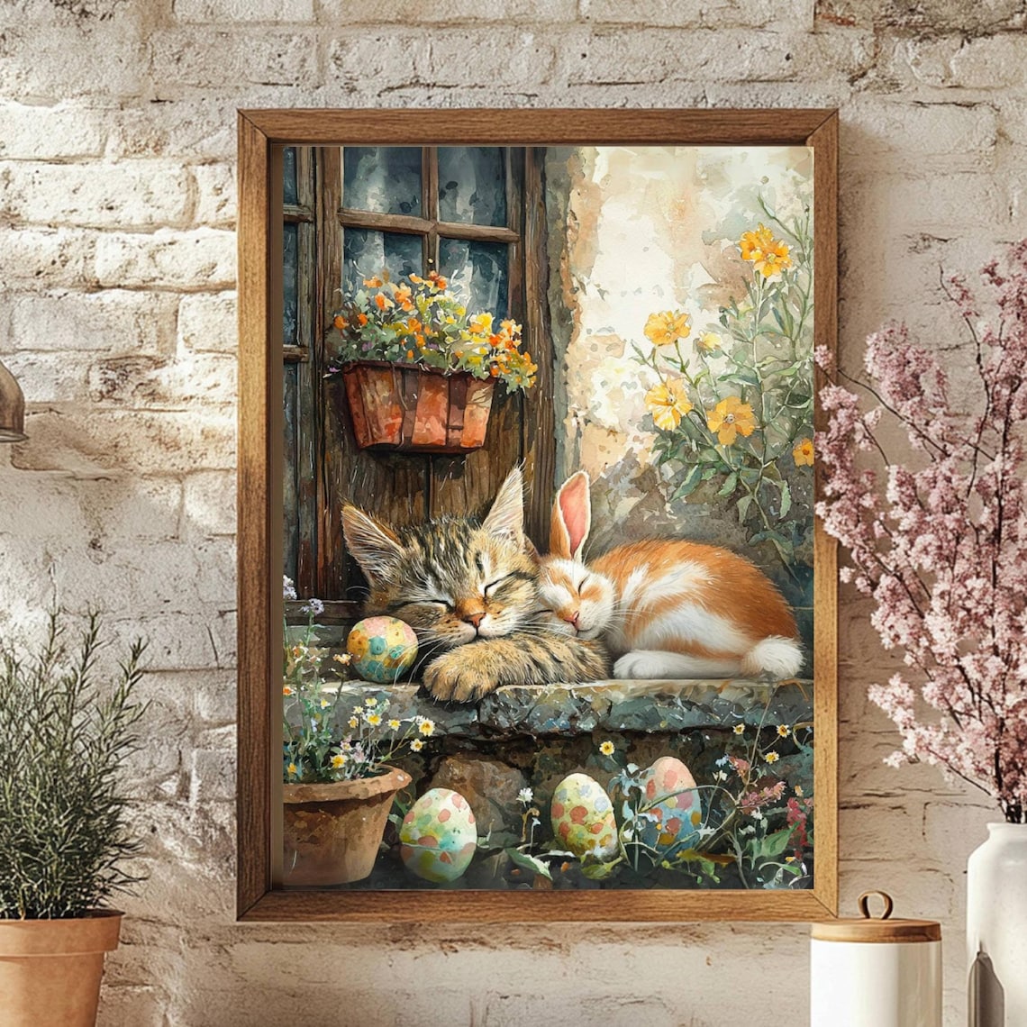 Easter Sleeping Tabby Cat and Bunny Art Print