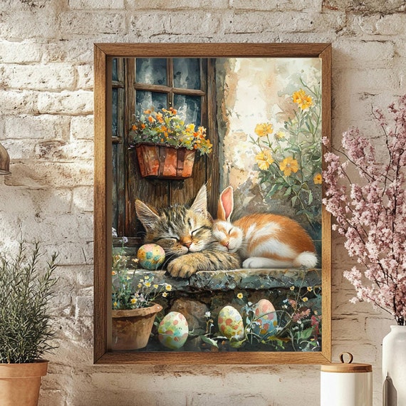 Easter Sleeping Tabby Cat and Bunny Art Print