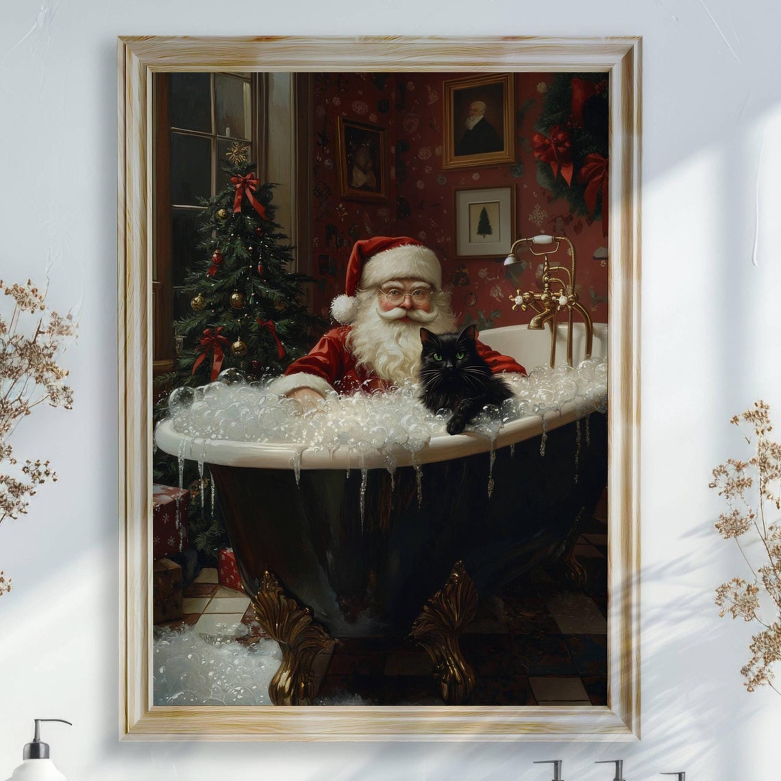 Santa Claus Taking a Bubble Bath With a Black Cat Christmas Poster