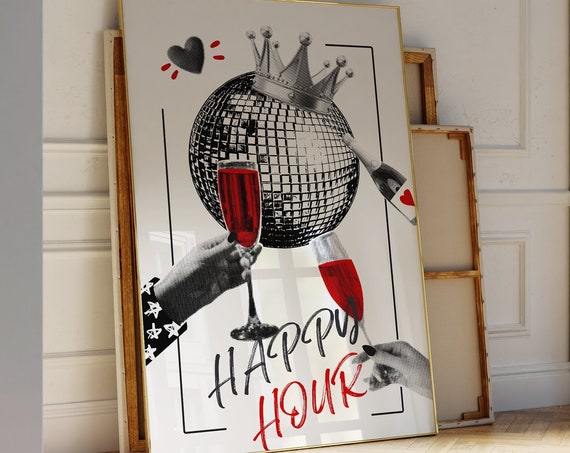 Happy Hour Disco Ball Poster Bar Cart Art Pop Culture 70s Retro Wall Art Trendy Cool College Apartment Wall Decor Best Gift For Couples