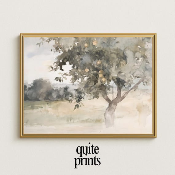 Lemon Tree Midcentury Modern Watercolor Painting Vintage Wall Decor Print Rustic Art