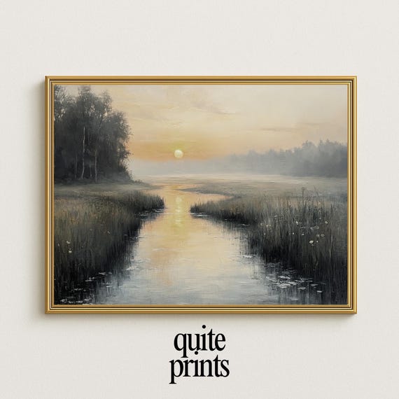 Moody Lake Landscape Painting Vintage Countryside Wall Art For Rustic Decor