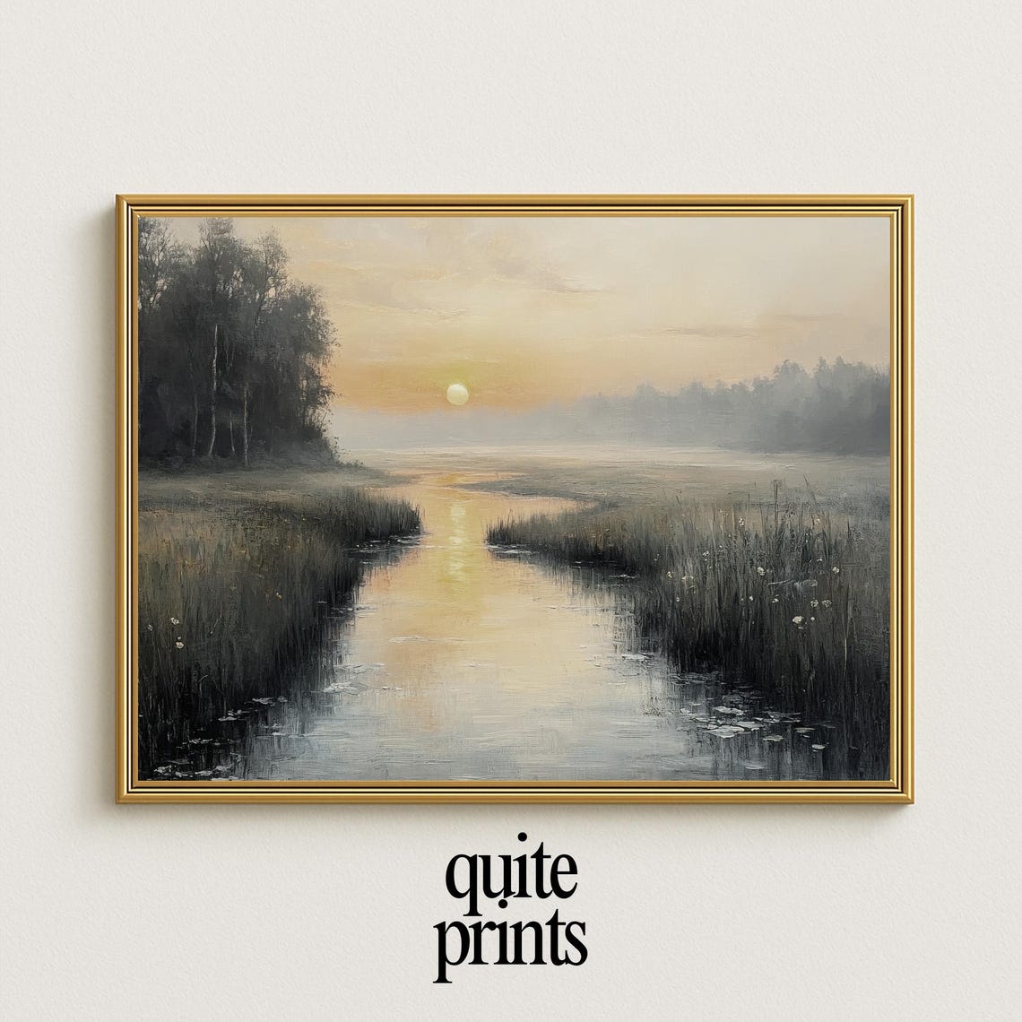Misty Sunrise Over Quiet Marsh Lake With Golden Reflection Poster