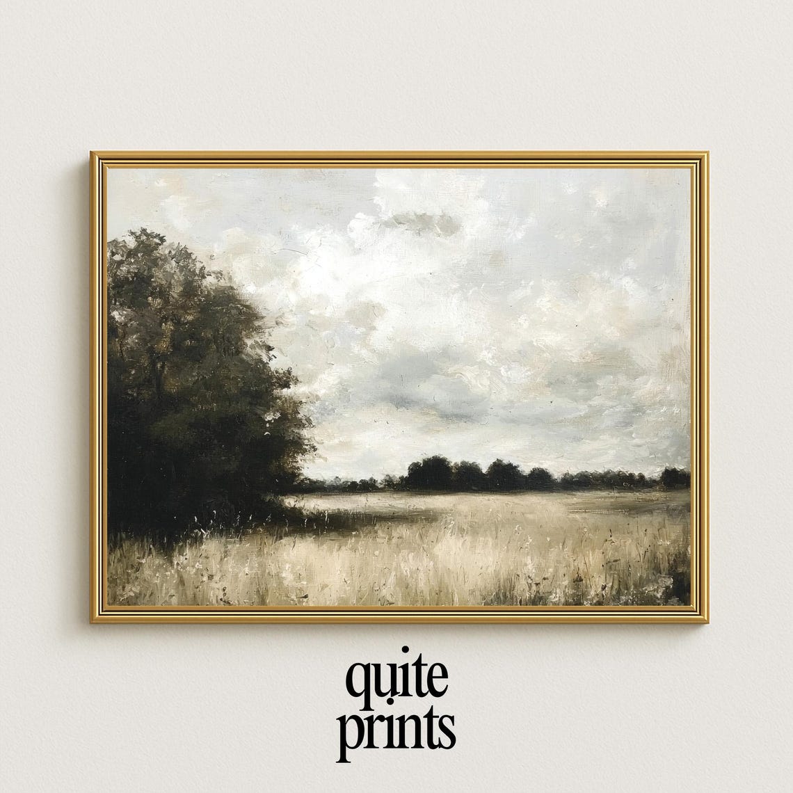 Golden Field Landscape Painting Dark Trees Cloudy Sky Rustic Poster