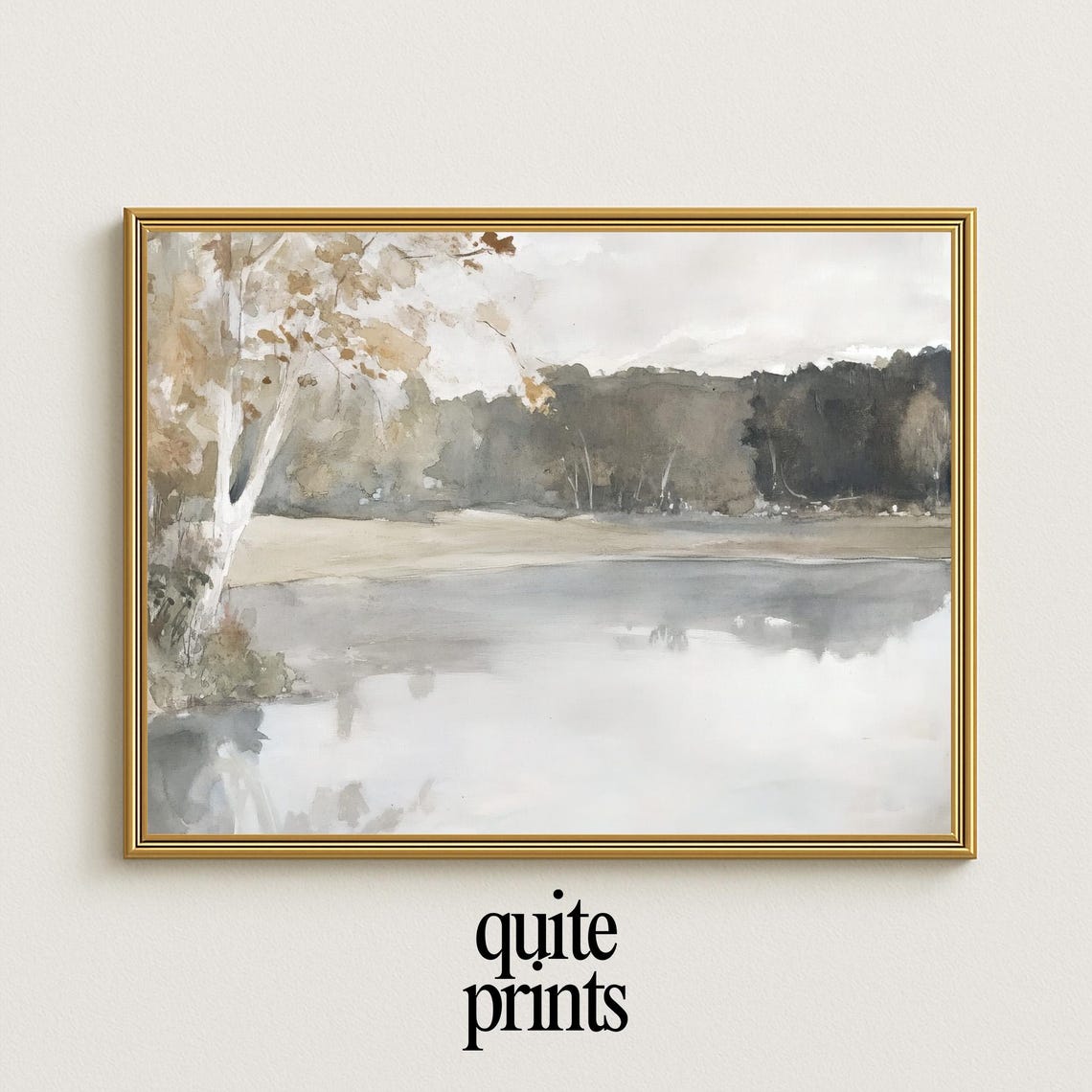 Serene Lakeside Watercolor Birch Tree Still Reflection Calm Poster