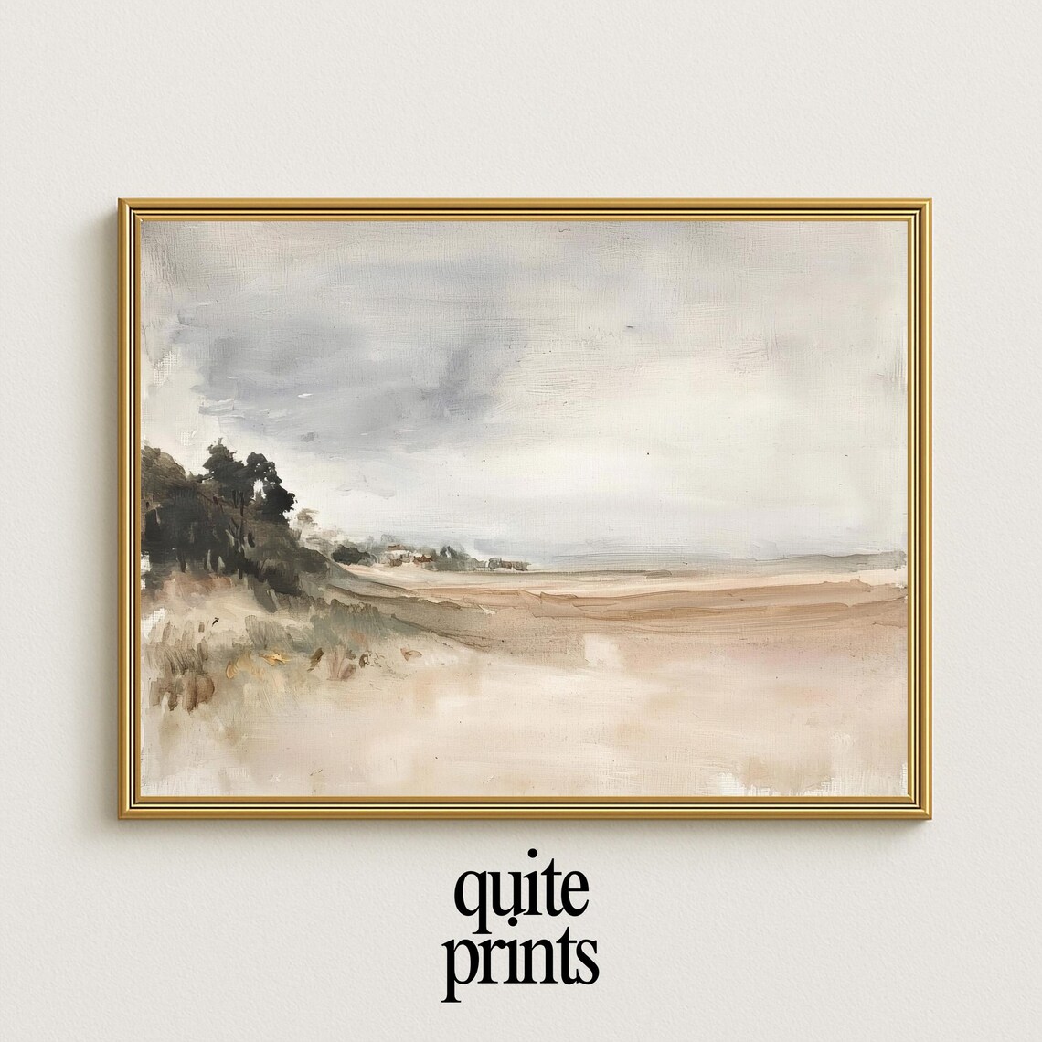 Beach Dunes Pines Distant Shore Cloudy Sky Minimalist Neutral Coastal Seascape Poster