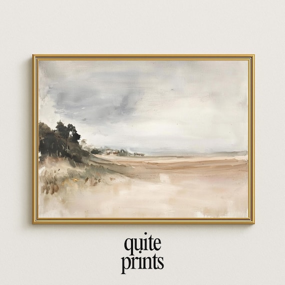 Beach Dunes Pines Distant Shore Cloudy Sky Minimalist Neutral Coastal Seascape Poster