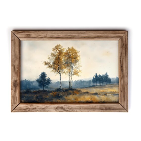 Golden Birch Trees Autumn Field Misty Watercolor Landscape Poster