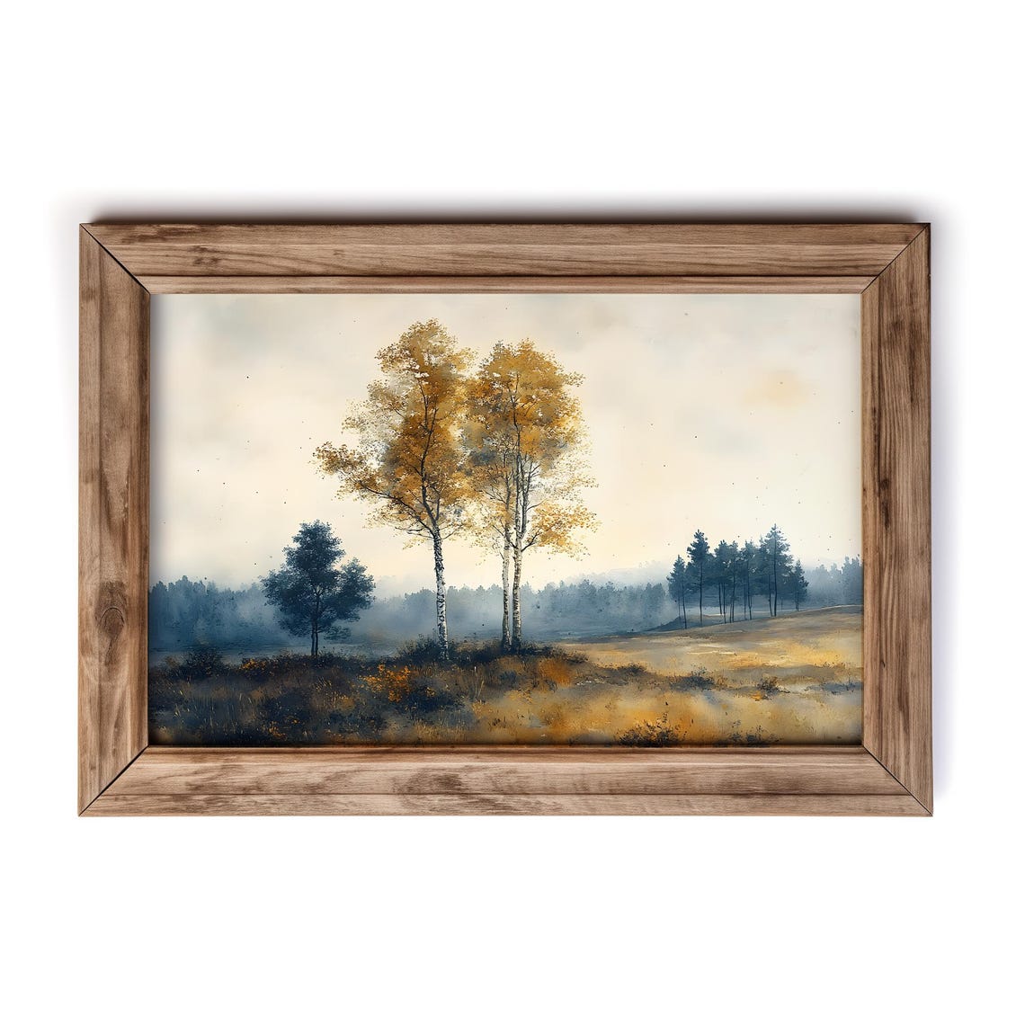 Golden Birch Trees Autumn Field Misty Watercolor Landscape Poster