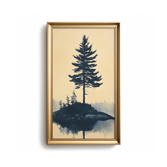 Minimalist Lone Pine Tree Landscape Wall Art Rustic Mountain Forest Silhouette