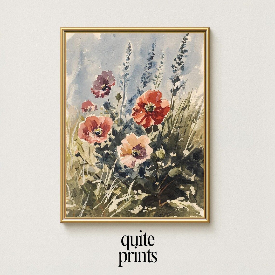 Red Poppy Wildflower Watercolor Painting Coral Floral Field Poster
