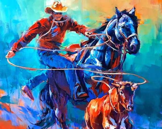 Western Cowboy Stampede Rodeo Art Print, Farmhouse