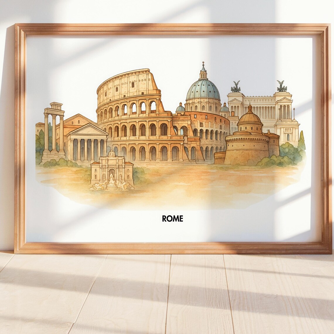 Rome Italy Watercolor Landmarks Colosseum Illustrated Poster