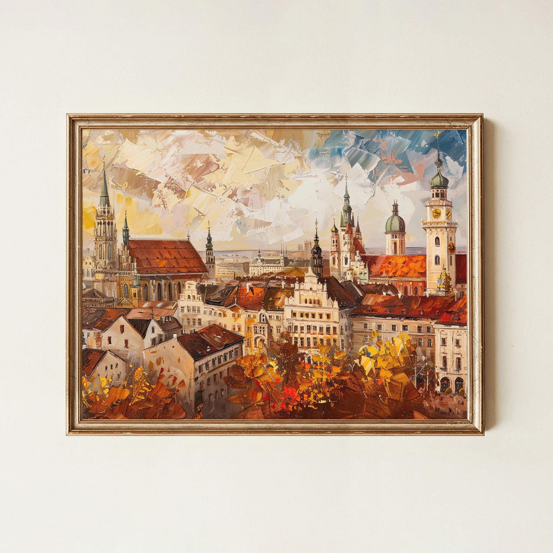 Munich Old Town Autumn Oil Painting Poster Bavarian Churches and Rooftops