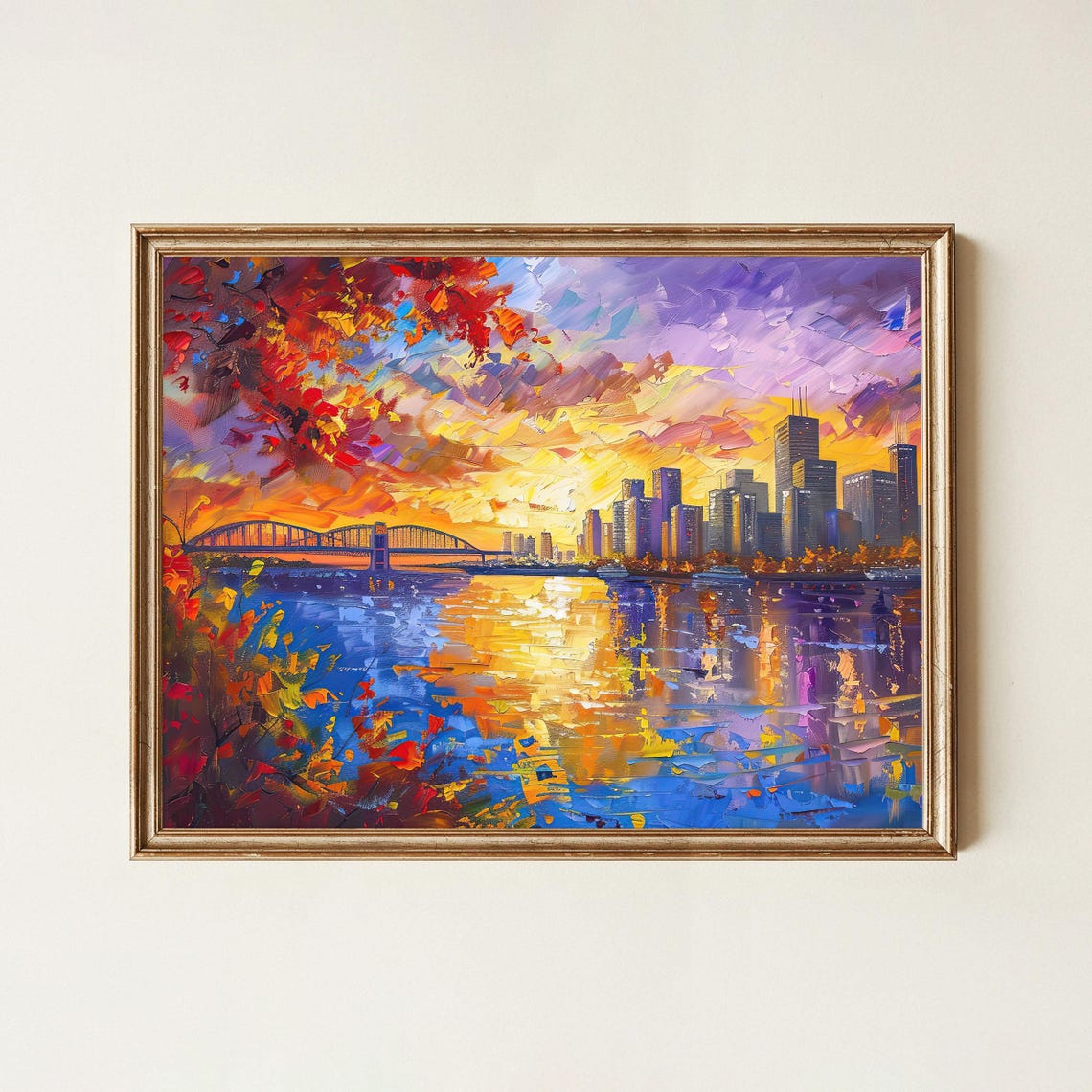City Skyline Sunset Impasto Oil Painting Autumn Bridge Wall Art Decor