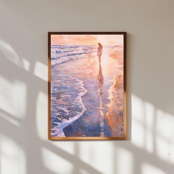 Sunset Beach Watercolor Art Print Woman Walking Shore Golden Hour Decor