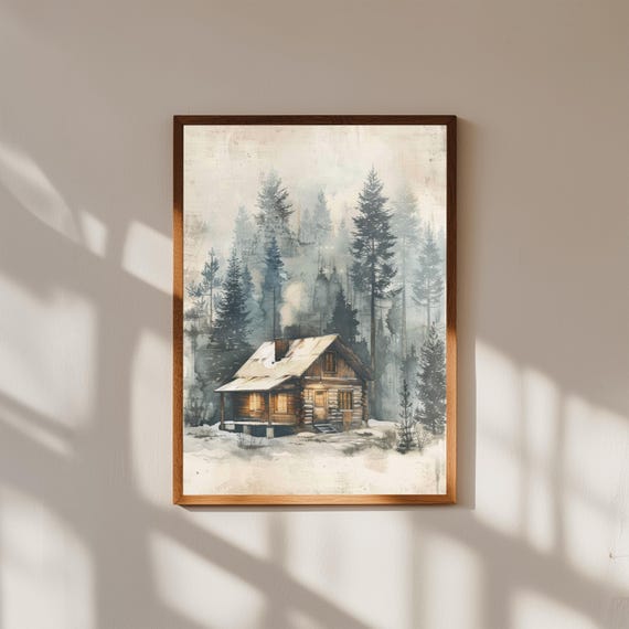 Cozy Cabin In Woods Print Rustic Winter Forest Wall Art