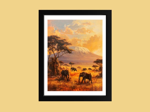 Mount Kilimanjaro Oil Painting Golden African Plains Landscape Print Safari Fine Art Poster Warm Nature Wall Decor