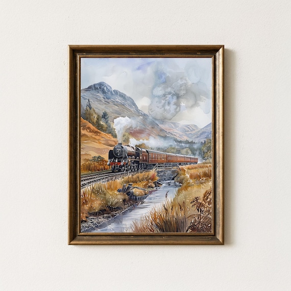 Scottish Highlands Train Vintage Watercolor Travel Poster