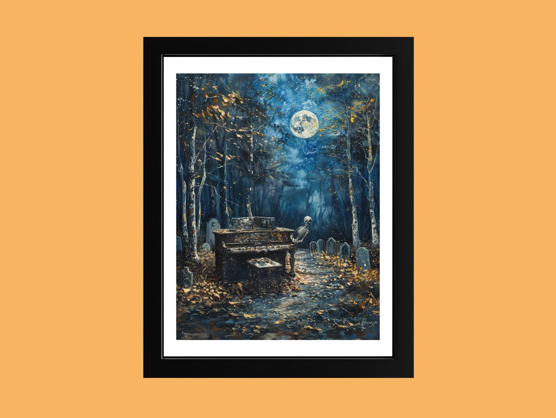 Skeleton Playing Piano in Moonlit Graveyard Dark Fantasy Poster