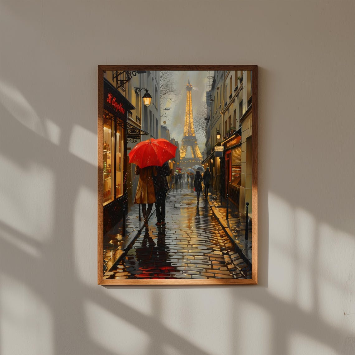 Paris Rainy Street Couple Red Umbrella Eiffel Tower Romantic Poster