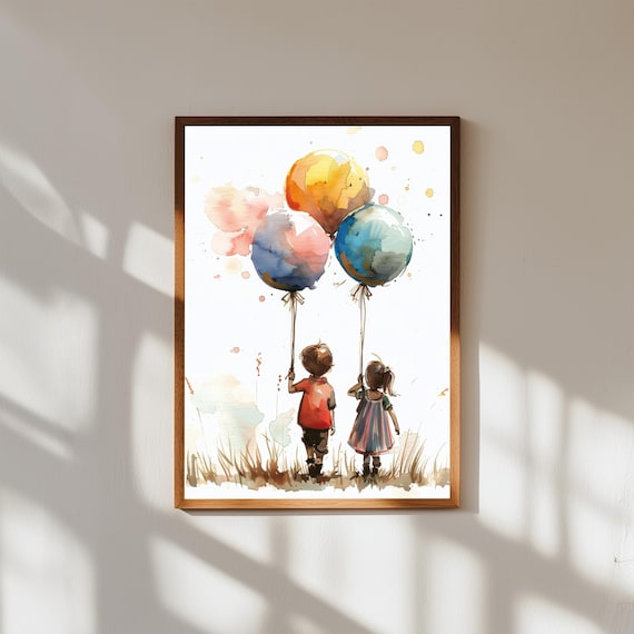Watercolor Children Holding Colorful Balloons Nostalgic Art Poster