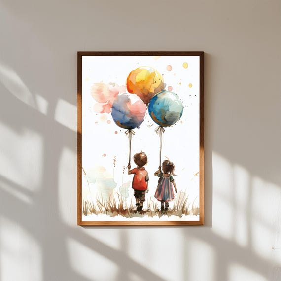 Whimsical Children With Balloons Watercolor Art Print Nursery Decor