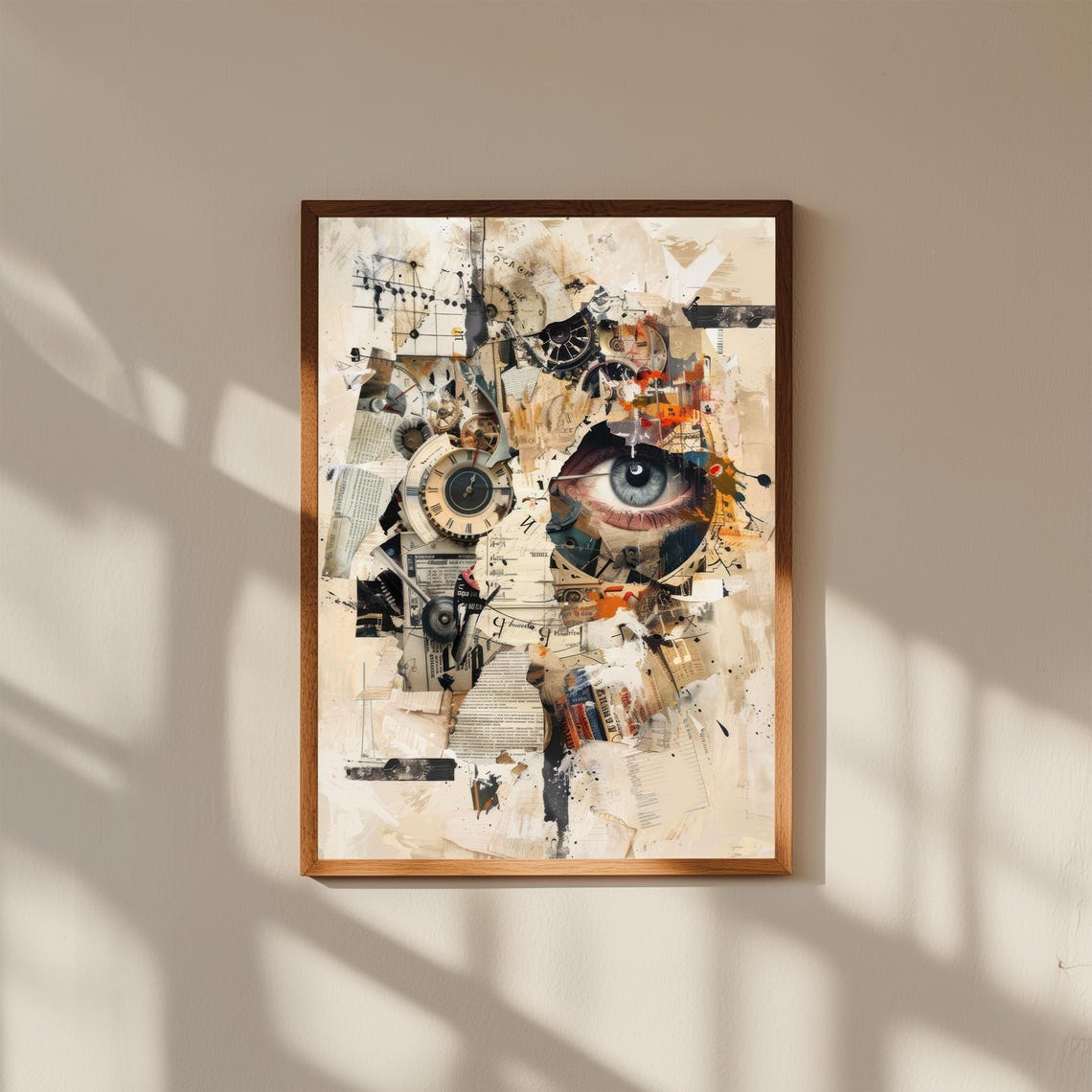 Sepia Cubist Collage Eye Clock Face Vintage Paper Fragment Art Poster