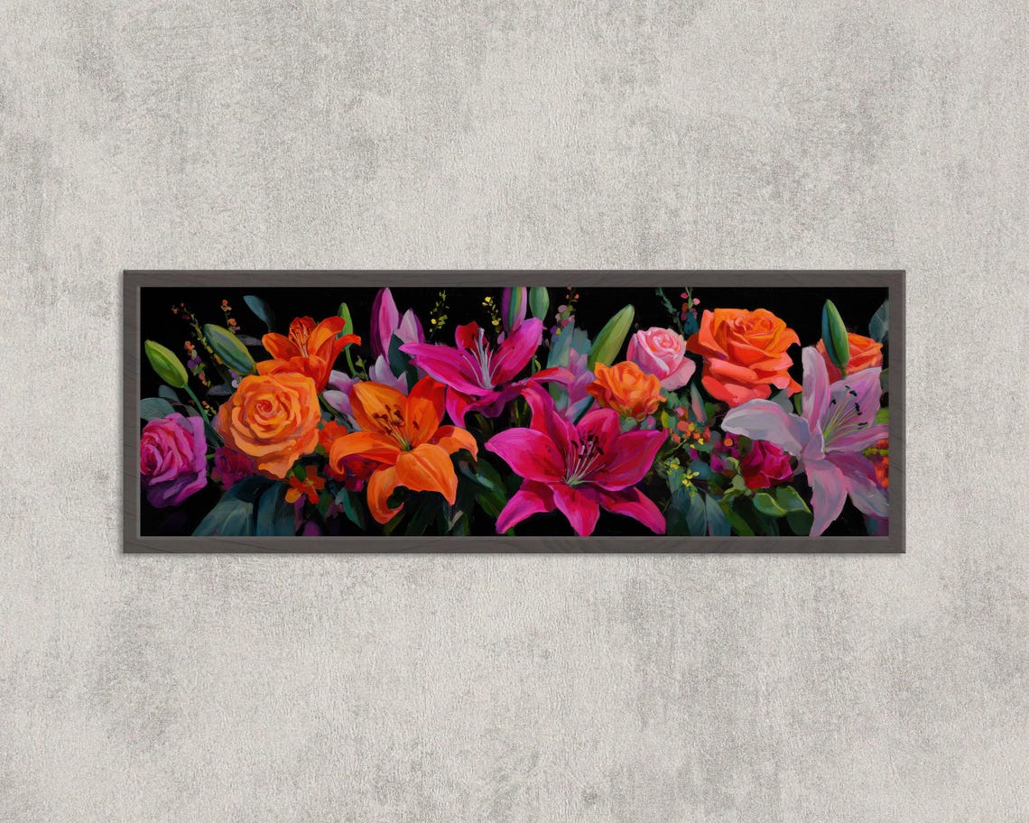 Neon Floral Bouquet Lilies Roses Panoramic Dark Background Art Print