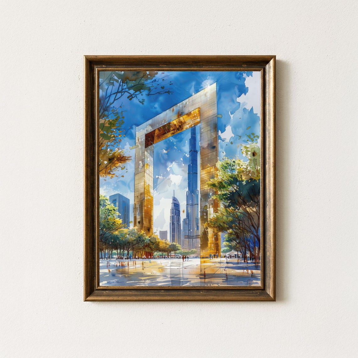 Dubai Frame Watercolor Burj Khalifa Modern Architecture Travel Poster