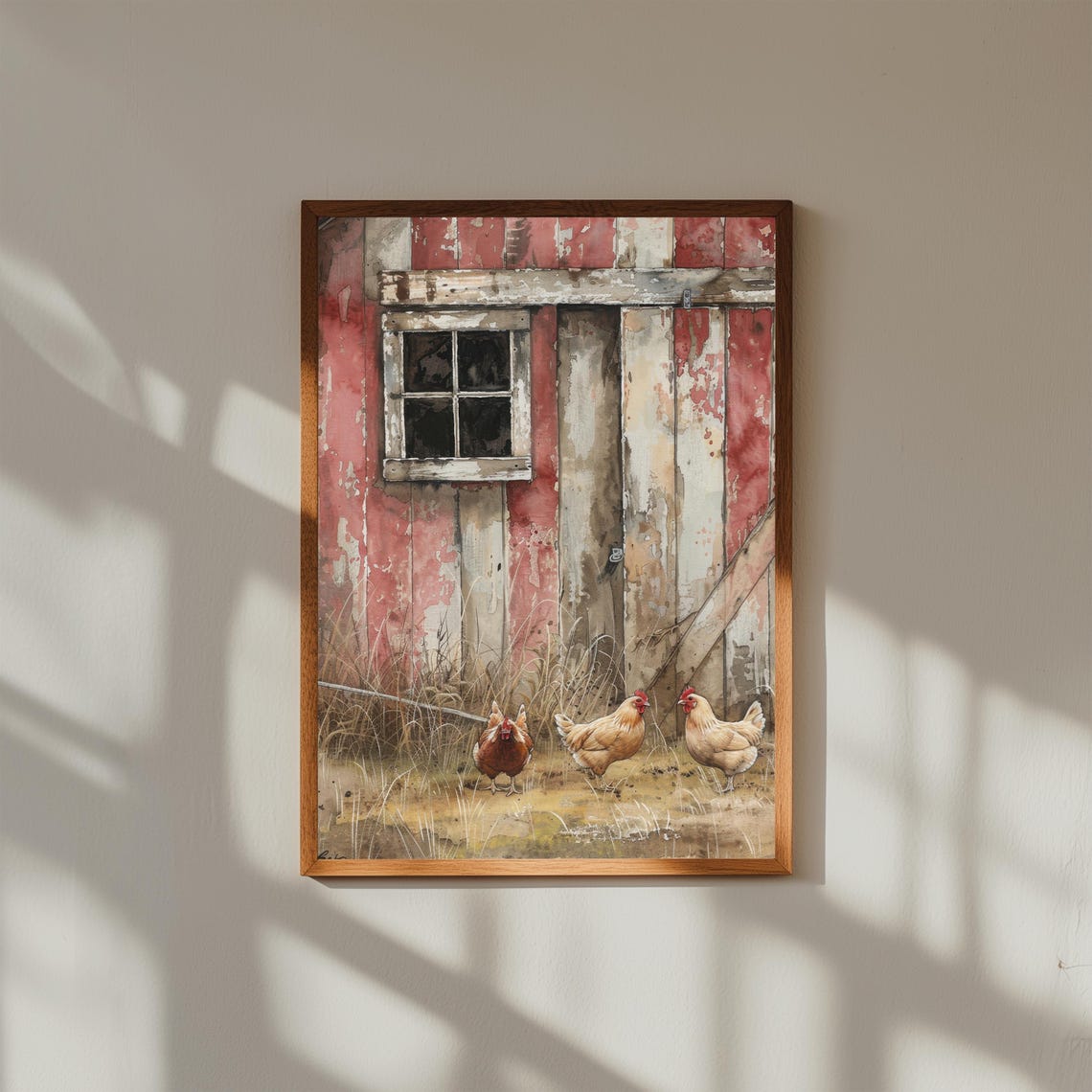 Three Hens Before Weathered Red Barn Door Watercolor Farm Poster