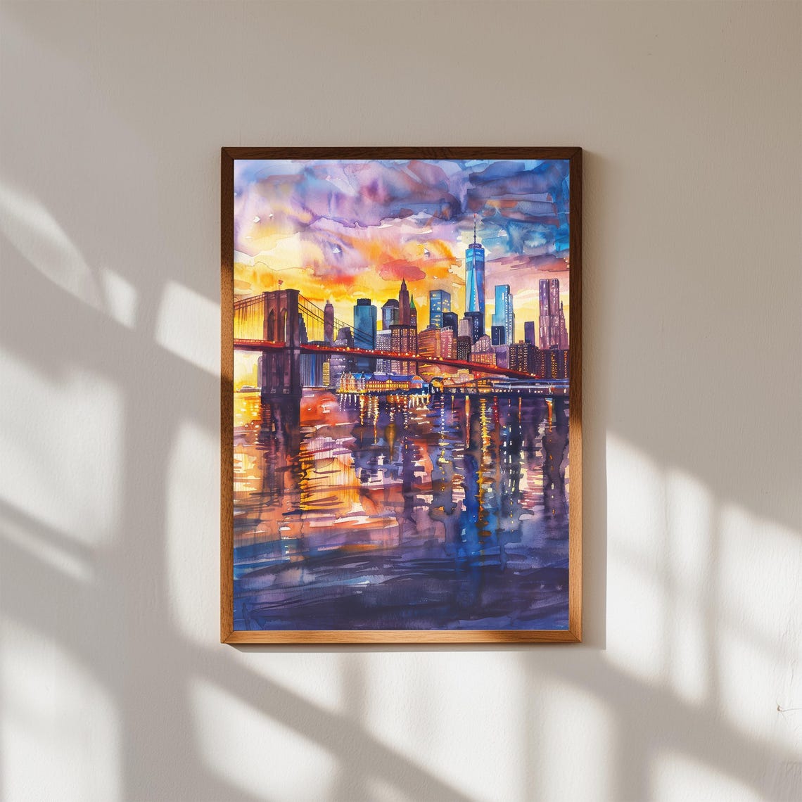 Brooklyn Bridge Sunset Watercolor Manhattan Skyline Night Art Print