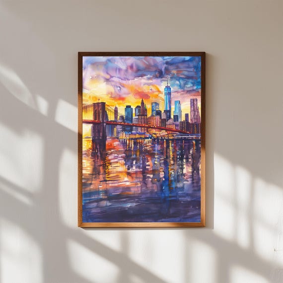 Brooklyn Bridge Sunset Print Manhattan Skyline Watercolor Art