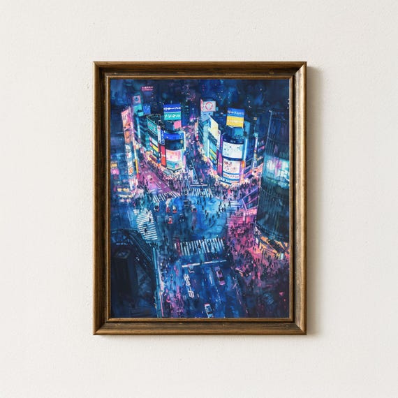 Shibuya Crossing Neon Cityscape Tokyo Watercolor Art Print