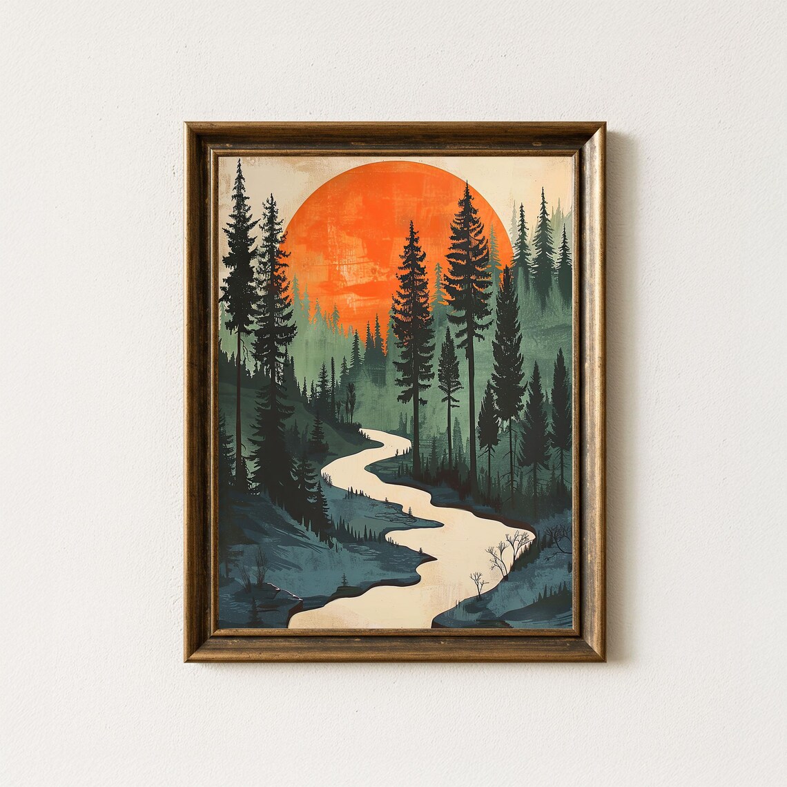 Retro Pine Forest Vintage River Landscape Art Print