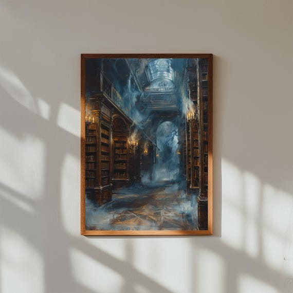Haunted Library With Floating Books Gothic Oil Painting Print Dark Academia Wall Art Paranormal Vintage Decor Moody Bookish Poster