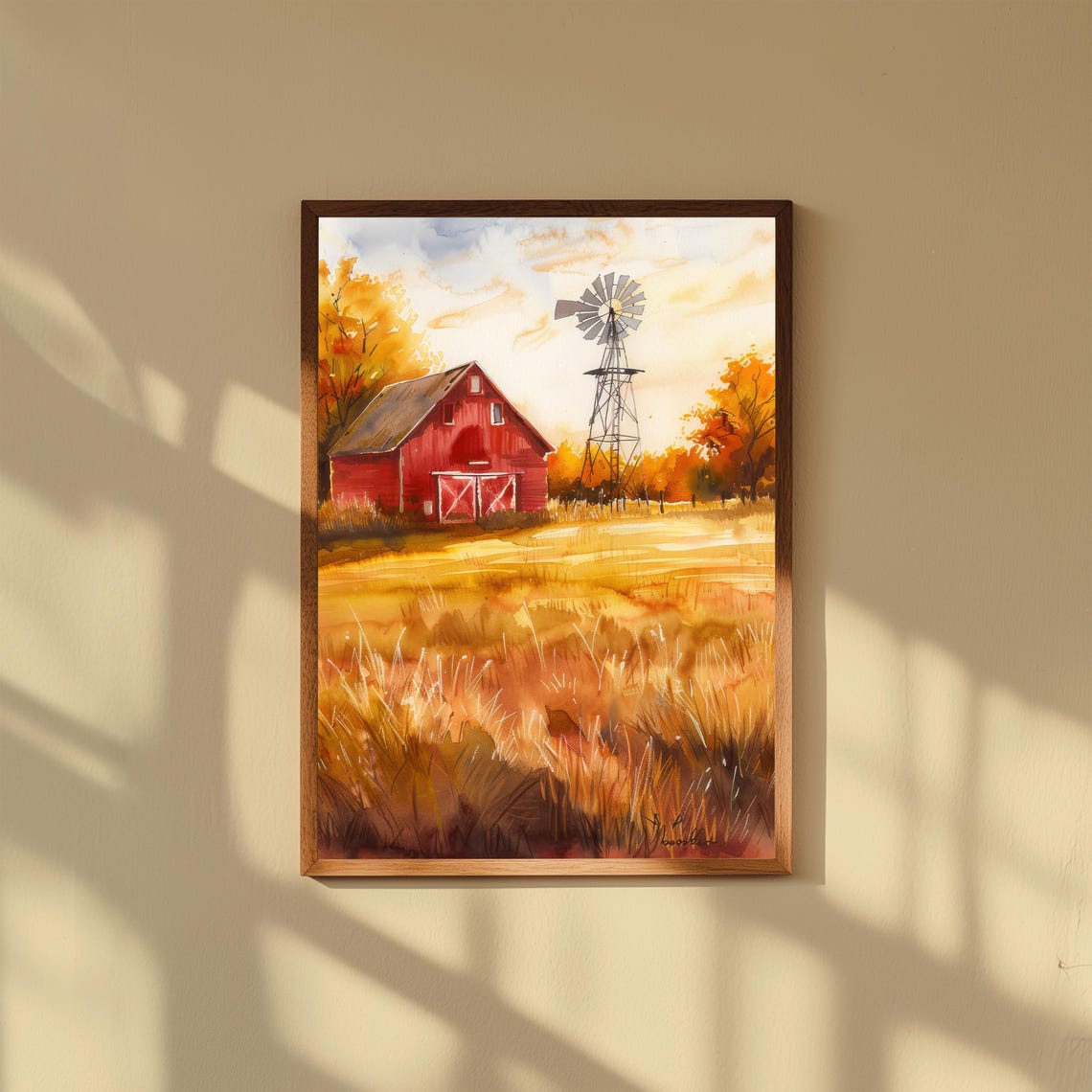 Red Barn Watercolor Windmill Golden Wheat Rustic Farm Landscape Poster
