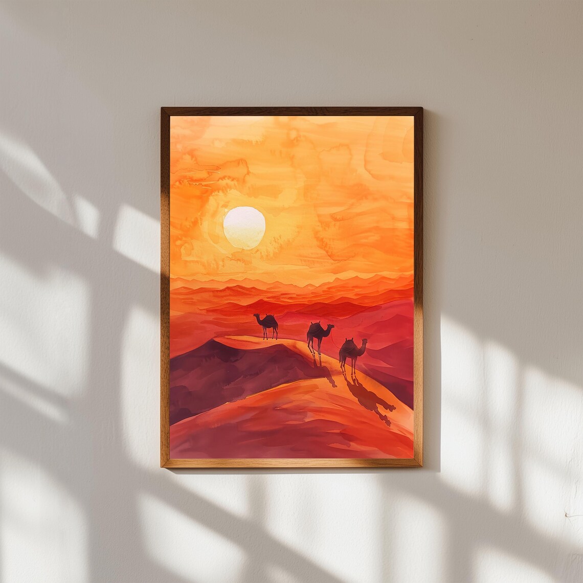 Desert Sunset Camel Caravan Watercolor Boho Safari Landscape Poster