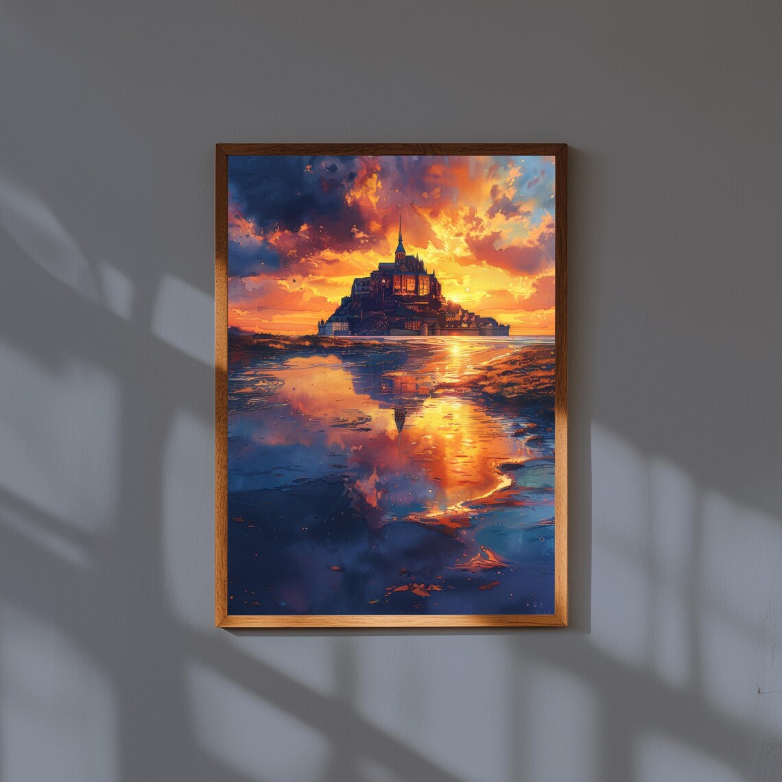 Mont Saint Michel France Sunset Island Castle Watercolor Poster