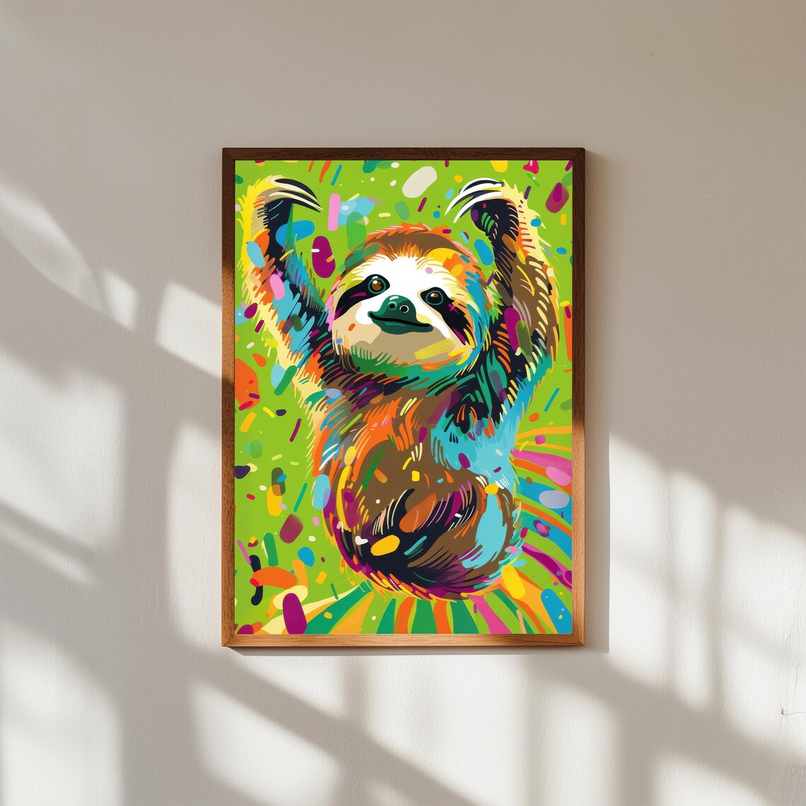 Happy Baby Sloth Pop Art Green Confetti Background Animal Poster