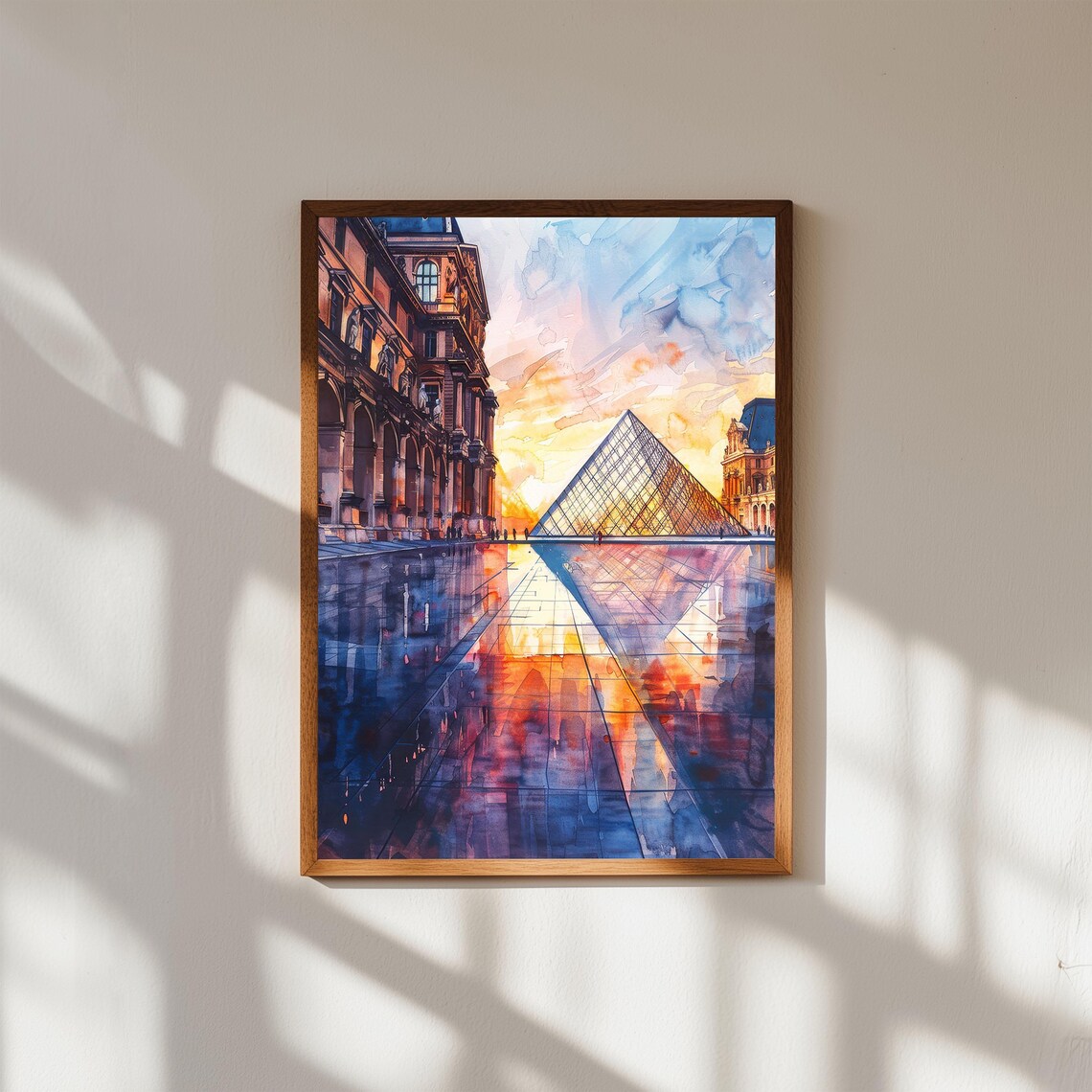 Paris Louvre Museum Watercolor Art Print, Sunset Pyramid
