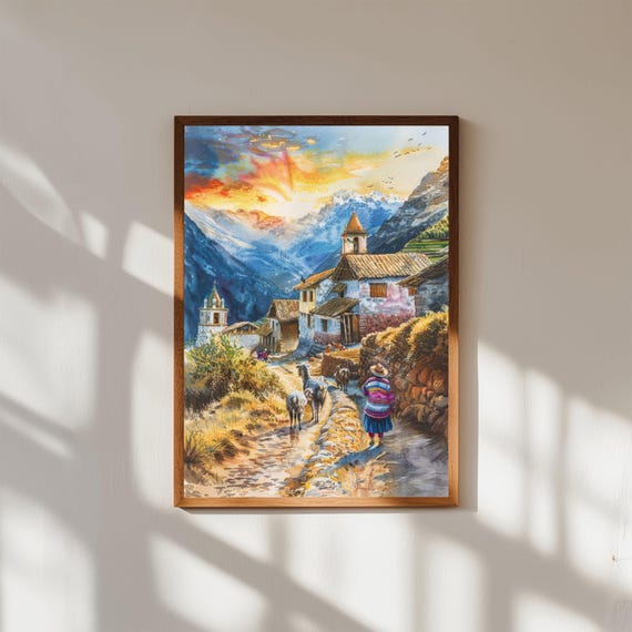 Andean Village Watercolor Print Rustic Peruvian Mountain Landscape