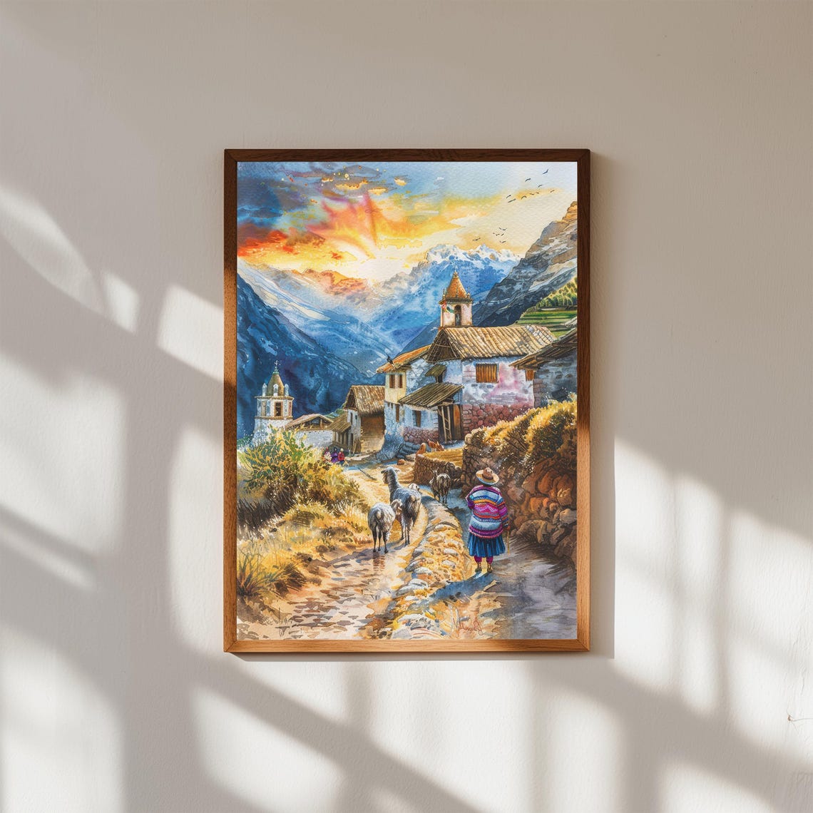 Andean Village Watercolor Print Rustic Peruvian Mountain Landscape