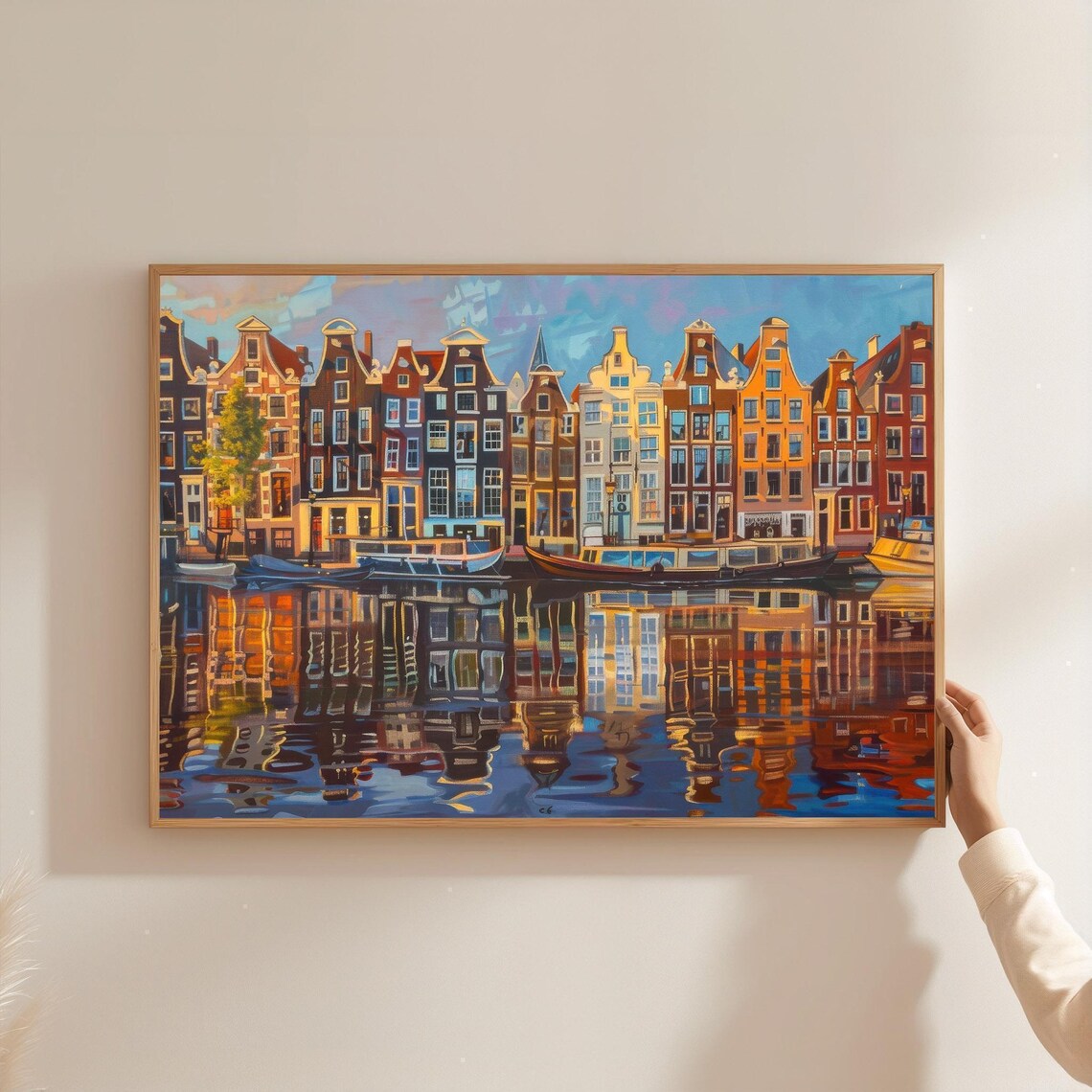 Amsterdam Canal Houses Morning Reflections Oil Painting Wall Art