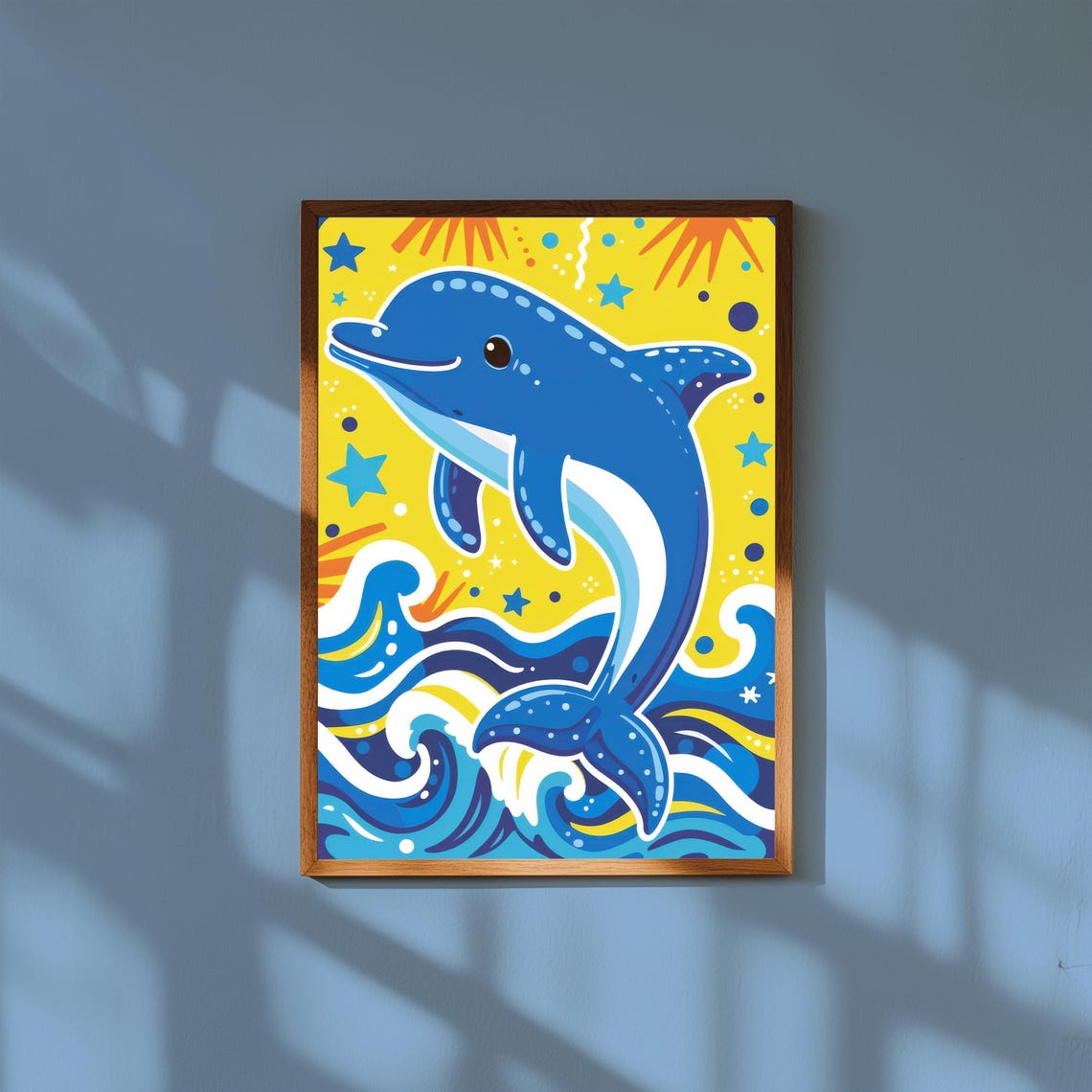 Cheerful Blue Dolphin Jumping Over Ocean Waves Nursery Wall Poster
