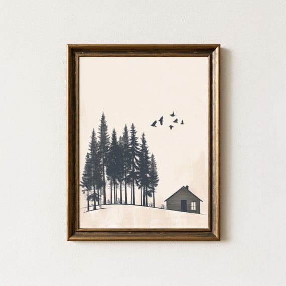 Minimalist Forest Cabin Print Scandinavian Nature Wall Art