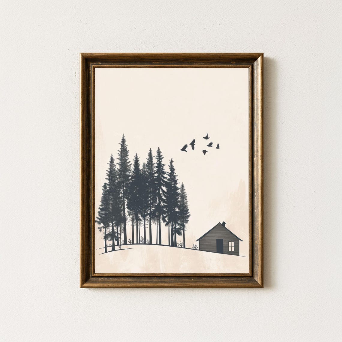 Minimalist Pine Forest Cabin Nordic Winter Silhouette Wall Art