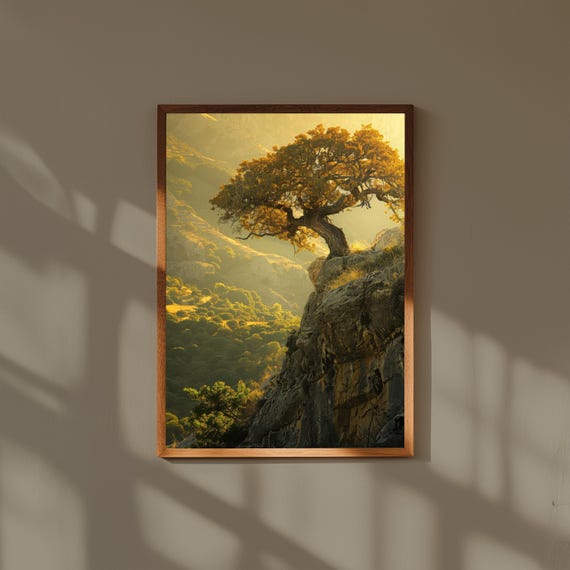 Ancient Oak Tree Cliff Oil Painting Vast Mountain Valley Landscape Print Solitary Nature Fine Art Poster Serene Wall Decor