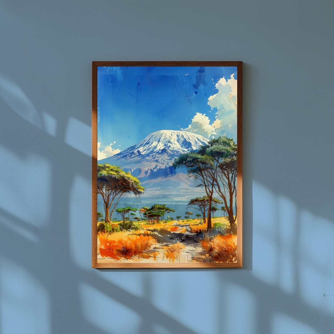 Mount Kilimanjaro Watercolor Snow Peak Acacia Savanna Landscape Poster